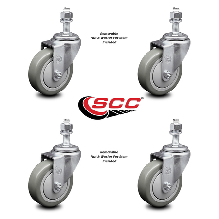 Service Caster 4 Inch Gray Polyurethane Wheel Swivel 12mm Threaded Stem Caster Set SCC SCC-TS20S414-PPUB-M1215-4